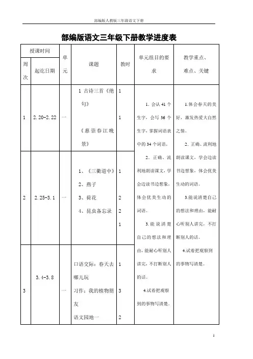 部编版人教版三年级语文下册教学进度计划表