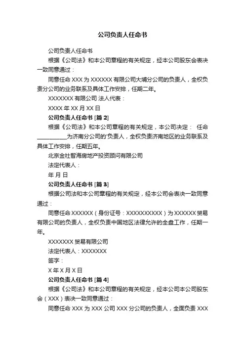 公司负责人任命书