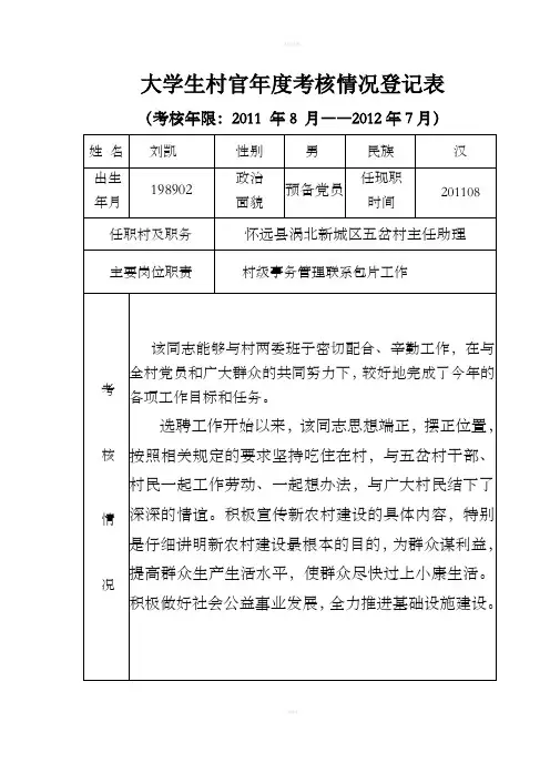 大学生村官年度考核情况登记