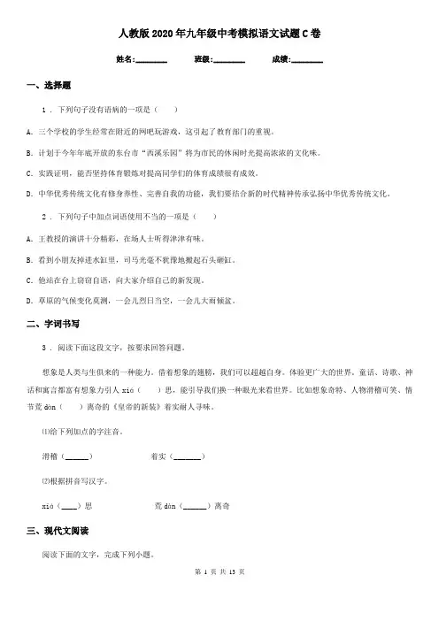 人教版2020年九年级中考模拟语文试题C卷(模拟)