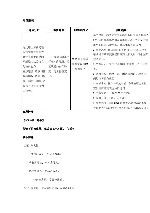 2016~2022年上海市高考语文卷试题汇编之诗歌鉴赏