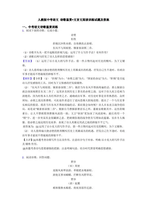 人教版中考语文 诗歌鉴赏+文言文阅读训练试题及答案
