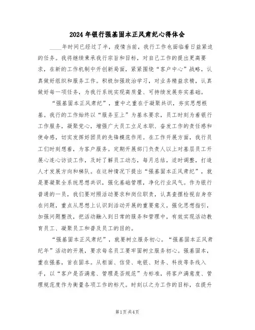 2024年银行强基固本正风肃纪心得体会(2篇)