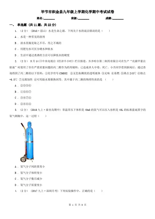毕节市织金县九年级上学期化学期中考试试卷