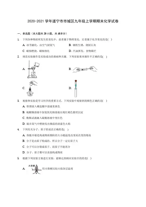 2020-2021学年遂宁市市城区九年级上学期期末化学试卷附答案详解