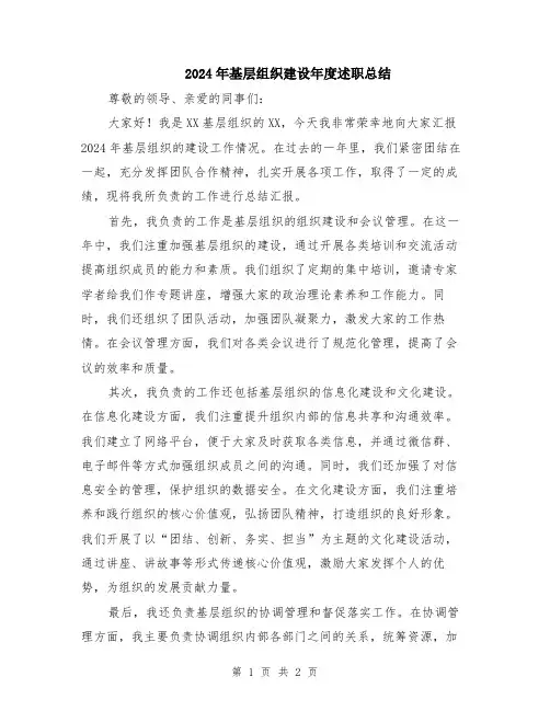 2024年基层组织建设年度述职总结