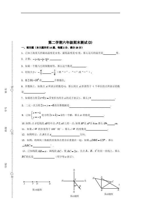 上海数学六年级下第二学期六年级期末测试(含答案)