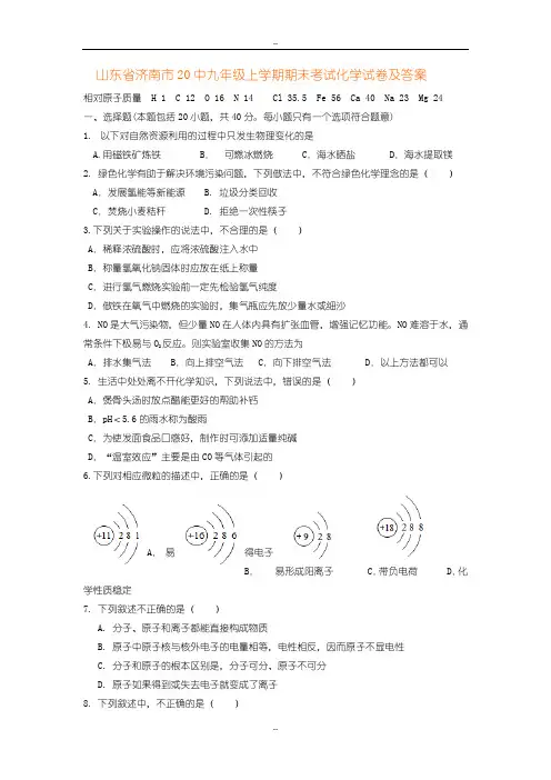 山东省济南市20中2019届九年级上学期期末考试化学试卷及配套答案(鲁教版)