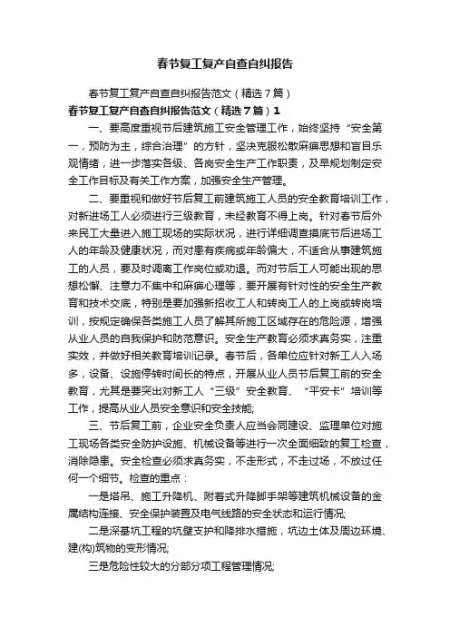 春节复工复产自查自纠报告
