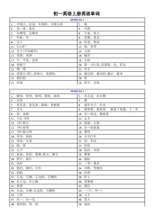外研版七年级英语上册新版单词汉