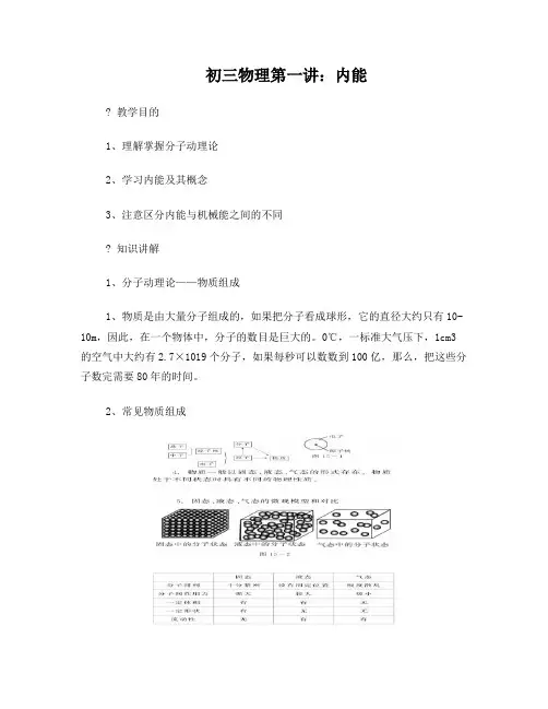 初三物理第一讲：分子动理论与内能