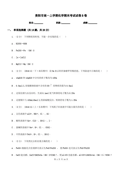 贵阳市高一上学期化学期末考试试卷B卷(模拟)