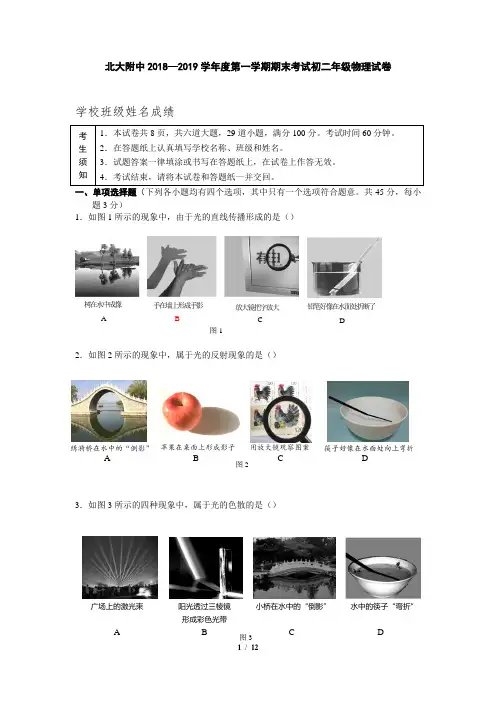 北大附中2018-2019学年初二年级第一学期期末物理诊断与抽测试题及参考答案