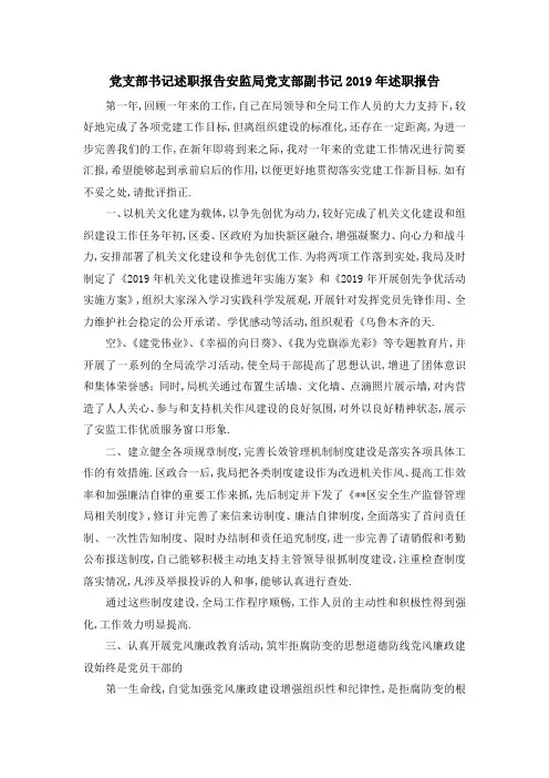 党支部书记述职报告 安监局党支部副书记2019年述职报告 精品