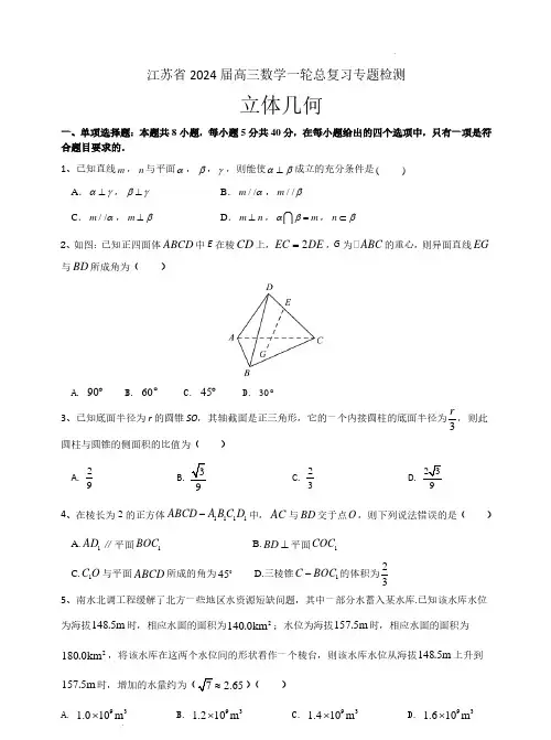 立体几何专题检测——江苏省2024届高三数学一轮总复习(含答案)