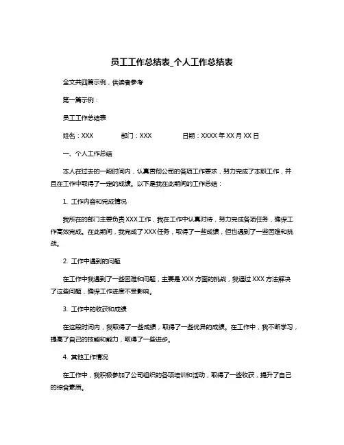 员工工作总结表_个人工作总结表
