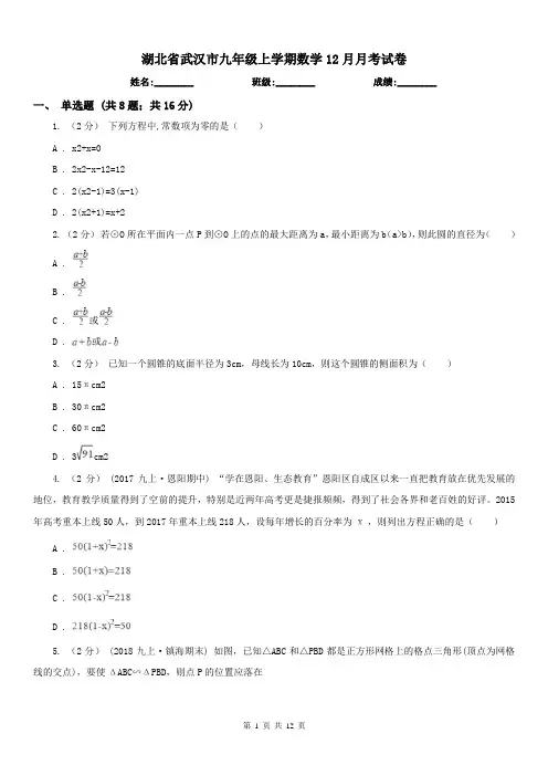 湖北省武汉市九年级上学期数学12月月考试卷