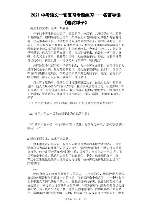 2021年中考语文一轮复习专题练习——名著导读《骆驼祥子》