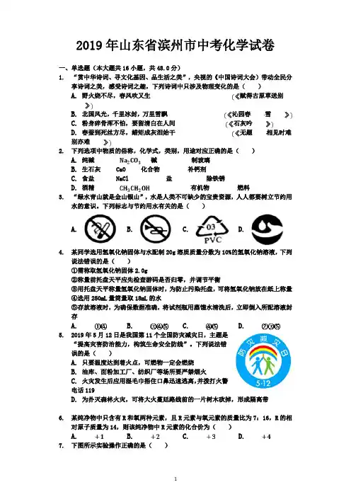 【中考真题】山东省滨州市2019年中考化学试卷(Word解析版)