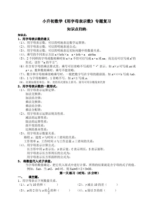 小升初 用字母表示数 全面练习(5天)
