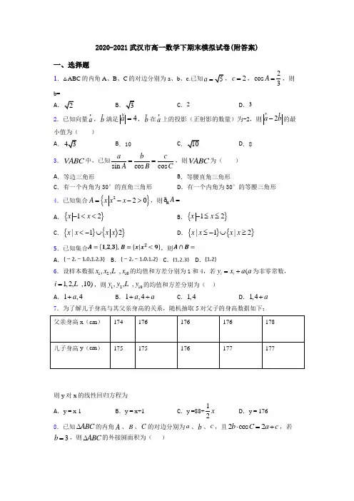 2020-2021武汉市高一数学下期末模拟试卷(附答案)