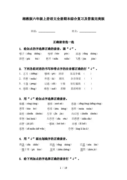 湘教版六年级上册语文全册期末综合复习及答案完美版