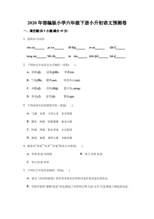六年级下册语文试题-2020年小学小升初语文预测卷6(解析版)部编版