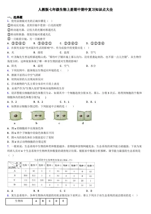 人教版七年级生物上册期中期中复习知识点大全
