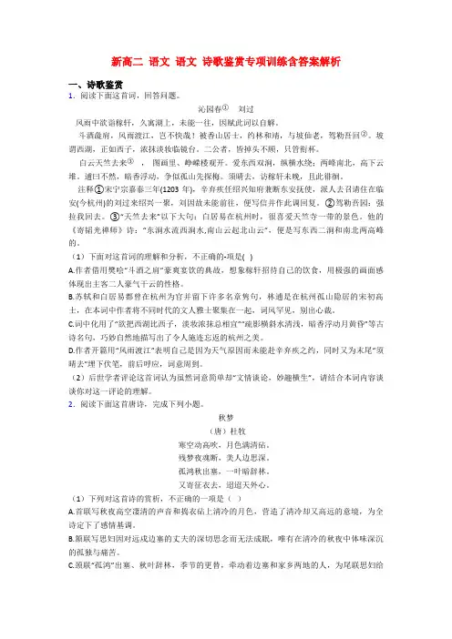 新高二 语文 语文 诗歌鉴赏专项训练含答案解析