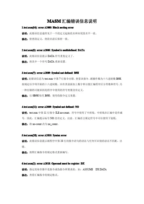 MASM汇编错误信息说明 ASM问题汇总
