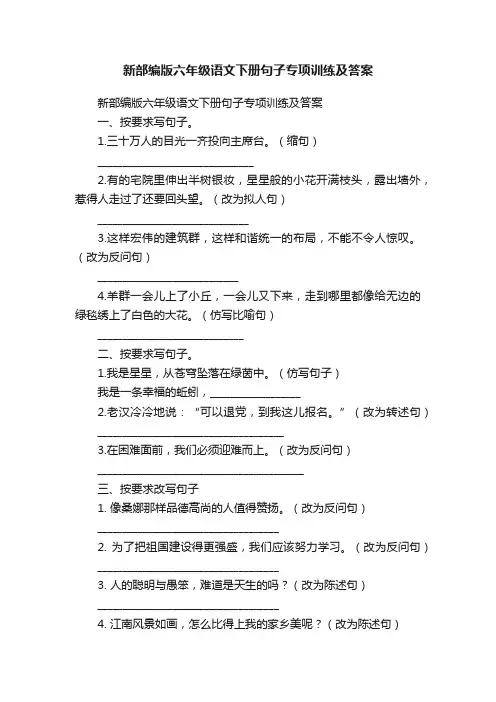 新部编版六年级语文下册句子专项训练及答案