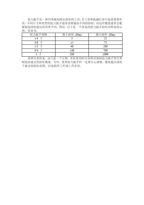 扭力扳手扭矩对照表