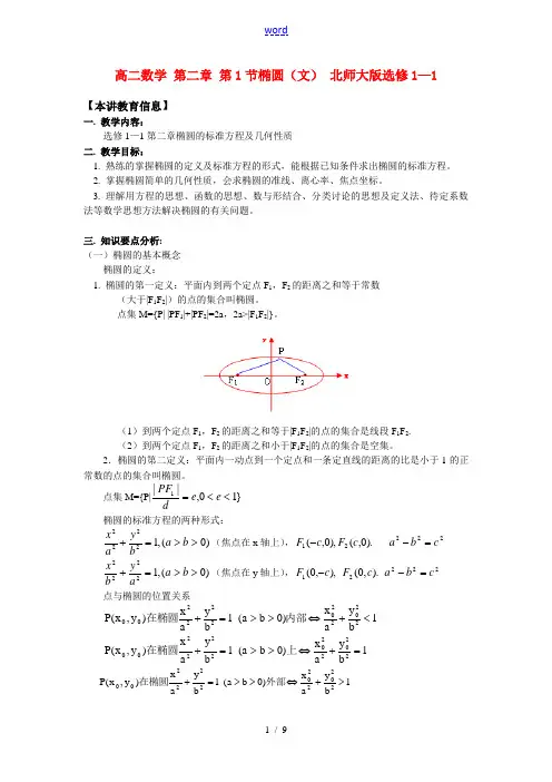 高二数学 第二章 第1节椭圆(文)知识精讲  北师大版选修1—1