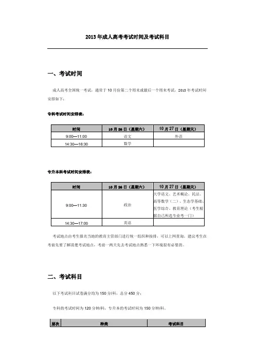 2013年成人高考考试时间及考试科目