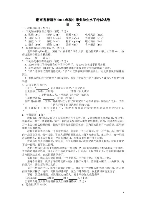 湖南省衡阳市2016年中考语文试题(word版,有答案)