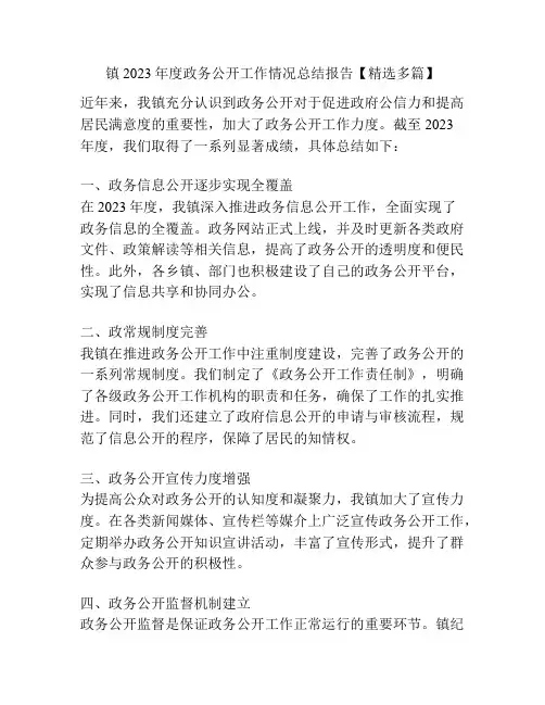 镇2023年度政务公开工作情况总结报告【精选多篇】