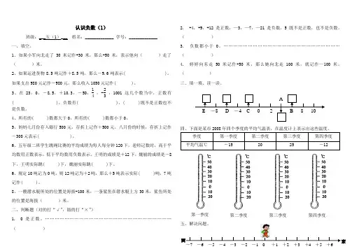 苏教版小学数学五年级上册第一单元认识负数练习题测试卷