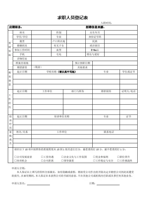 求职人员登记表