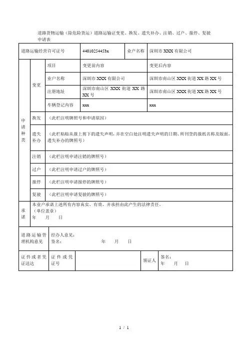 道路货物运输(除危险货运)道路运输证变更、换发、遗失补办、注销、过户、报停、复驶申请表