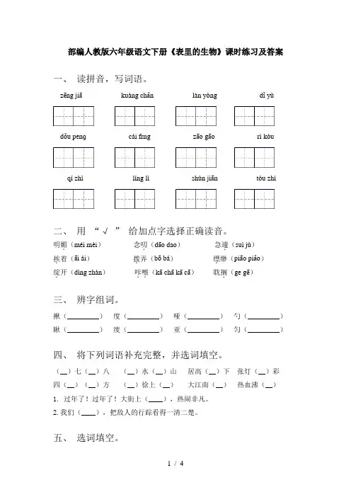 部编人教版六年级语文下册《表里的生物》课时练习及答案