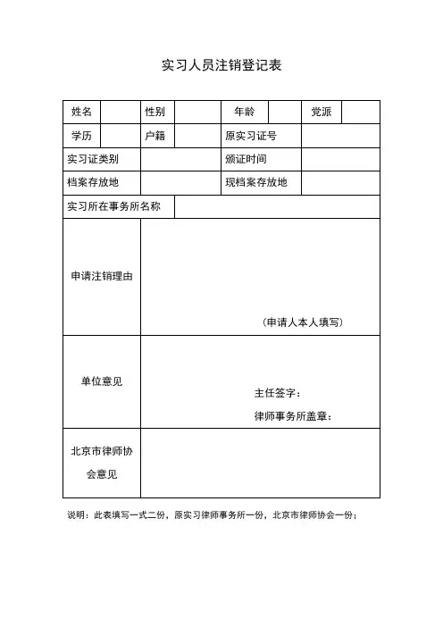 律师实习人员注销登记表