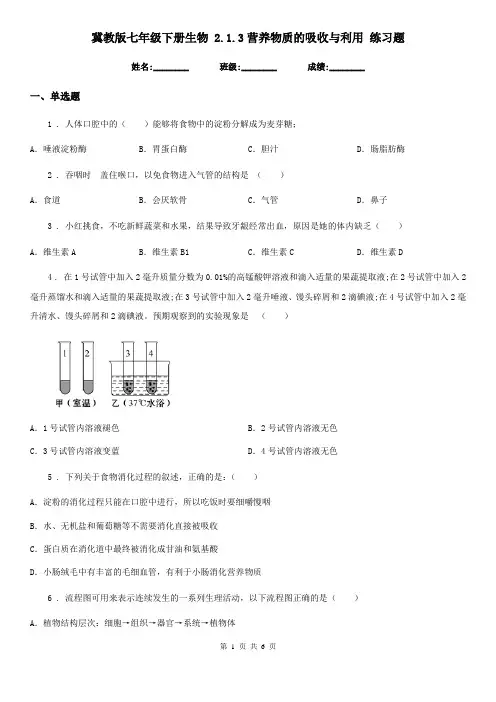 冀教版七年级下册生物 2.1.3营养物质的吸收与利用 练习题
