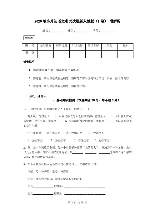 2020版小升初语文考试试题新人教版(I卷) 附解析