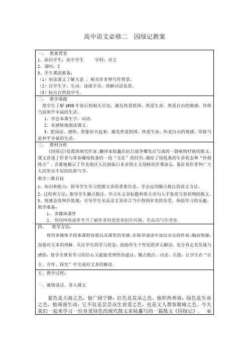 高中语文必修二  囚绿记教案