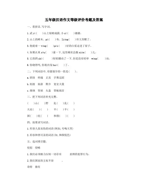 五年级汉语作文等级评价考题及答案
