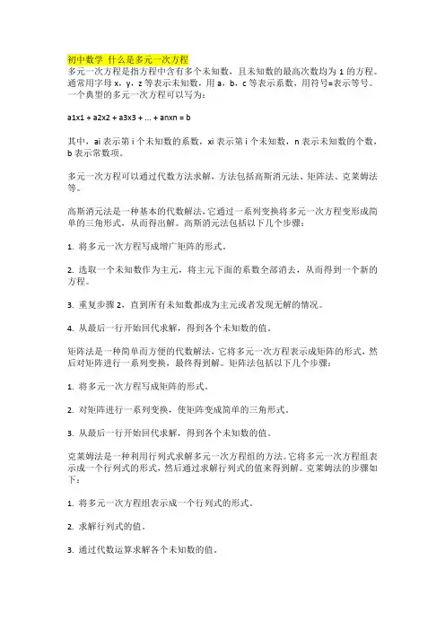 初中数学 什么是多元一次方程