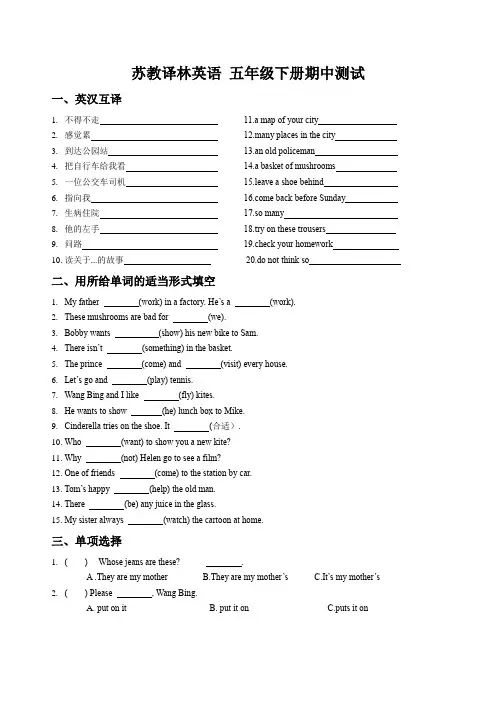 苏教译林英语 五年级下册期中测试 (含答案)