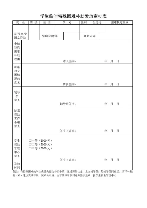临时特殊困难补助发放审批表