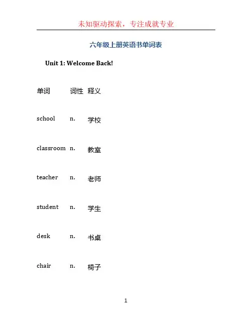 六年级上册英语书单词表