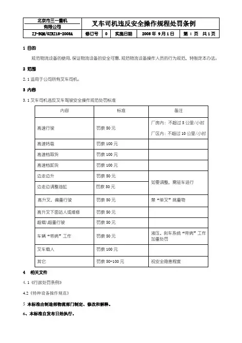 叉车违反操作规程处罚条例
